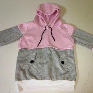 Color Block Pastel Pink & Grey Drawstring Hoodie